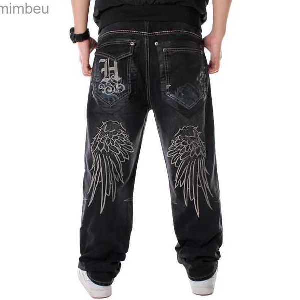 Calças de brim masculinas dança de rua pernas largas calças de brim largas homens moda bordado preto solto placa calças jeans rap hip hop jeans plus size 30-l240109