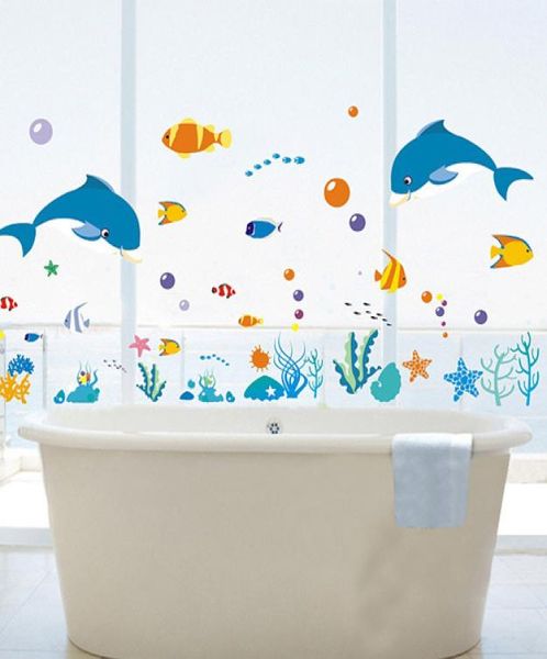 Golfinho peixe mar mundo adesivo de parede oceano peixe chuveiro telha adesivos no banheiro no banho piscina banheira janela vidro mura4156470