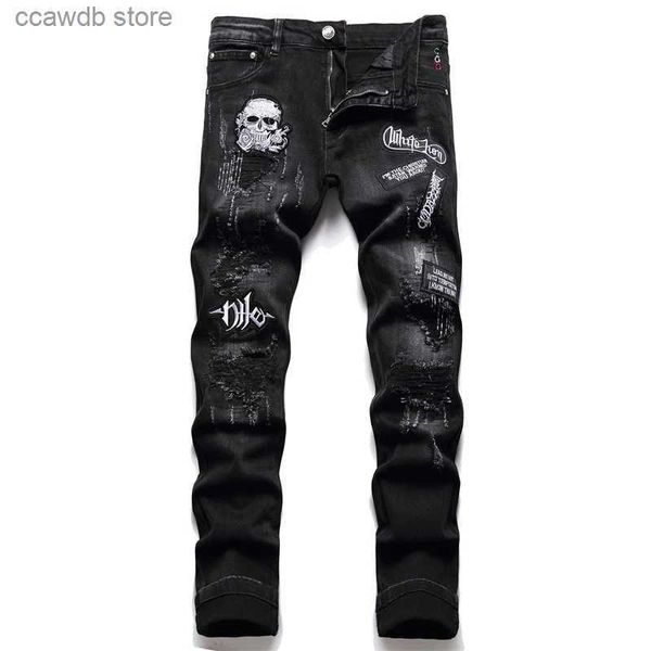 Erkek kot eh md kafatası nakış siyah kot pantolon erkek delikleri kazınmış 3D mikro bölüm dikiş yıpranmış yumuşak rahat pamuk trend yüksek elastik 2 T240109