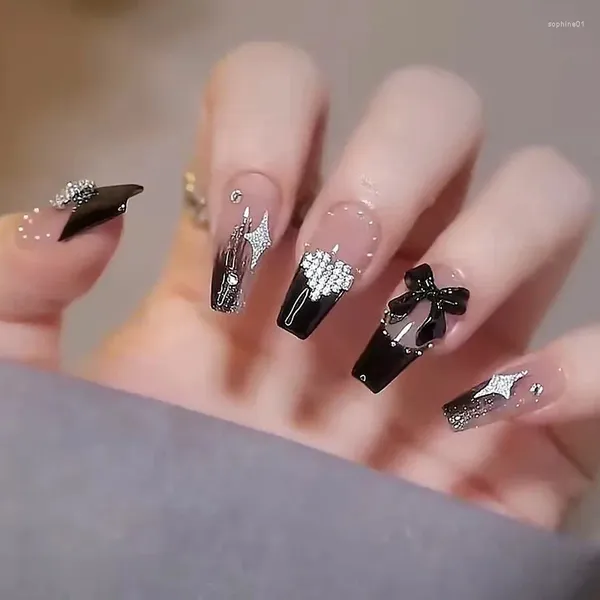 Unhas Falsas 24 pçs / set Francês Gradiente Ballet Falso Imprensa Em Preto Coração Design Glitter Cobertura Completa Vestindo Nail Art