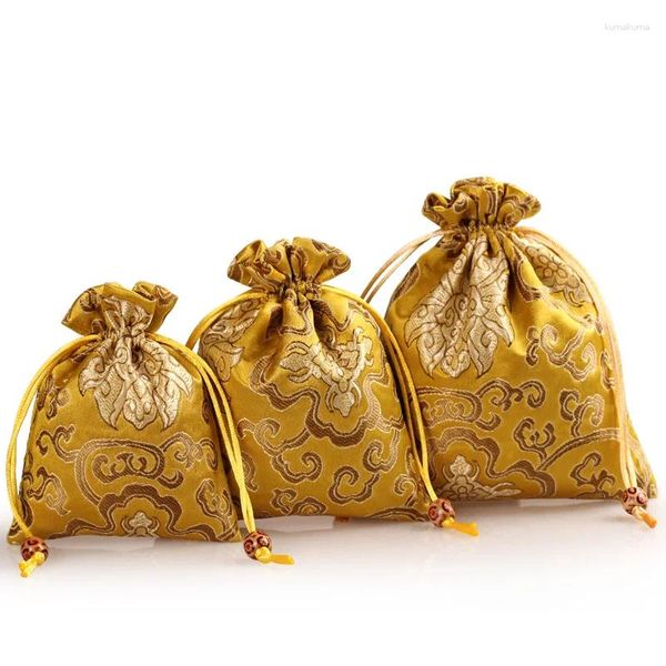 Confezione regalo 1pc Sacchetti di stoffa piccoli con coulisse per gioielli in giallo dorato per collana, braccialetto di giada, anello, bustina per imballaggio