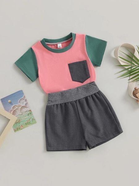 Giyim Setleri Urkutoba Toddler Boys 2pcs Şort Kısa Kol Kontrast Renk Tişört ve Elastik Bant Yaz Kıyafetleri (Yeşil