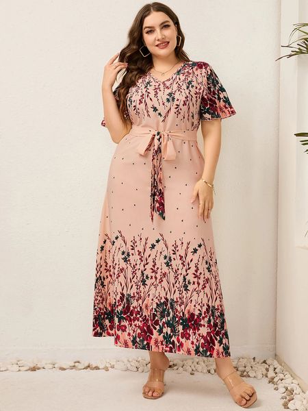 2023 frauen Sommer Langes Kleid V-ausschnitt Kurzarm Floral Print Boho Strand Kurvige Frau Plus Größe Kleidung 240109