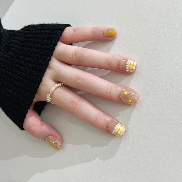 Unhas Falsas Prego Patch Francês Amarelo Checkerboard Produto Acabado Pérola Glitter Bonito Flor Desgaste Display Branco