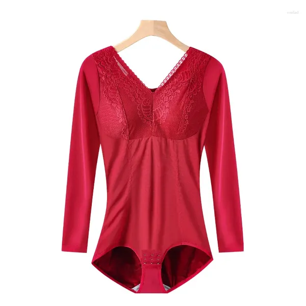 Reggiseno in peluche modellante da donna Set intimo termico dimagrante caldo Pancia Glutei Sollevamento corsetto rosso Maniche lunghe Shapewear Controllo della pancia da donna