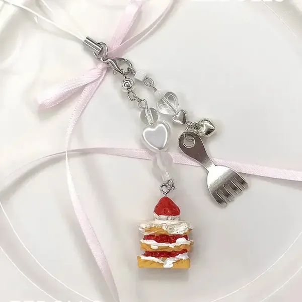 Schlüsselanhänger Nette Kuchen Perle Handgemachte Telefon Charm Strap Anti-verlust Kette Lanyard Dessert Metall Gabel Anhänger Mini Handtasche Für Mädchen
