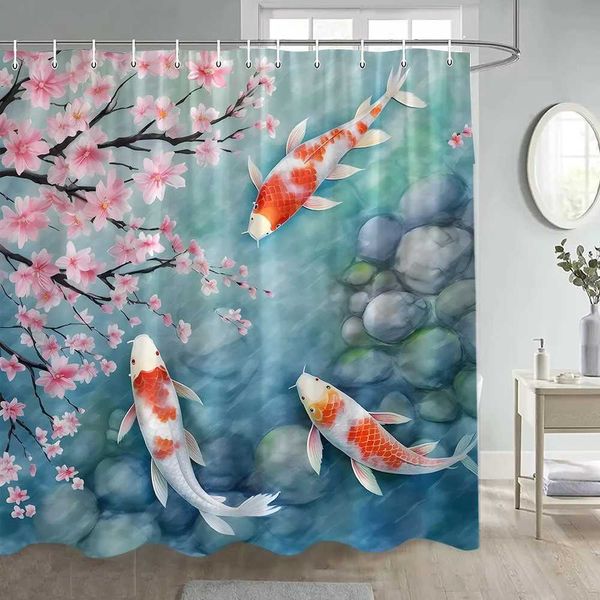 Tende da doccia Fiori rosa Koi Tende da doccia Fiori di ciliegio Carpa Pesce Pietre Decorazione del bagno in tessuto poliestere stile giapponese