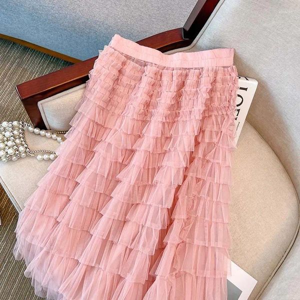 Saias moda feminina 2024 faldas mujer de moda cintura alta a linha doce verão jupe coreano babados chiffon saia elegante
