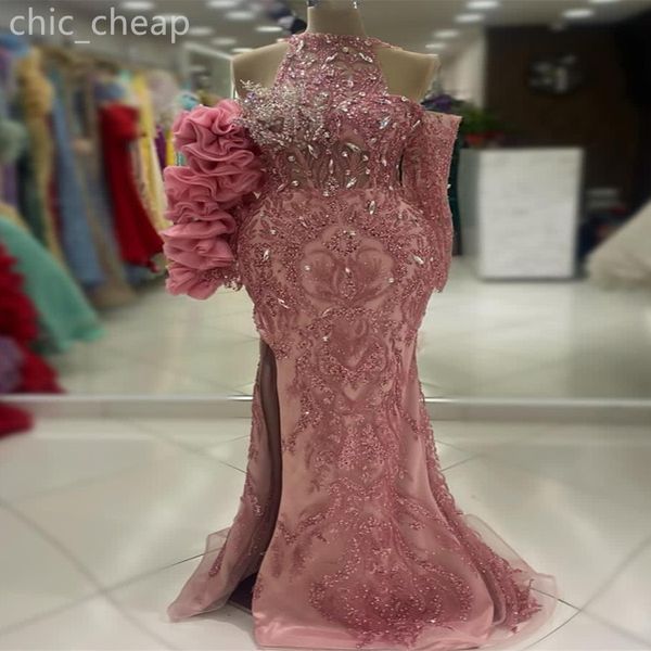 ASO EBI Blush Pink Mermaid Prom Kleid Kristalle Perlen Abend formelle Party Zweiter Empfangsgeburtstag Verlobungskleider Kleider Robe de Soiree ZJ