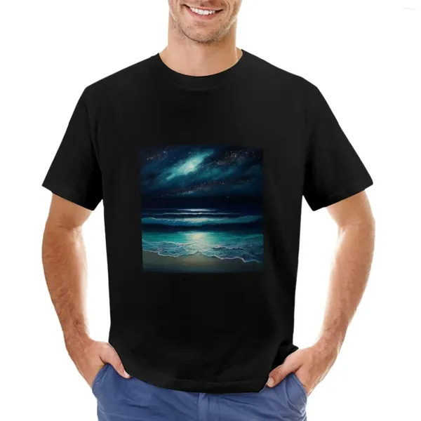 Polos masculinos com pintura a óleo do oceano tranquilo e do litoral sob as estrelas da lua. Camiseta de download digital instantâneo com impressão de arte em parede