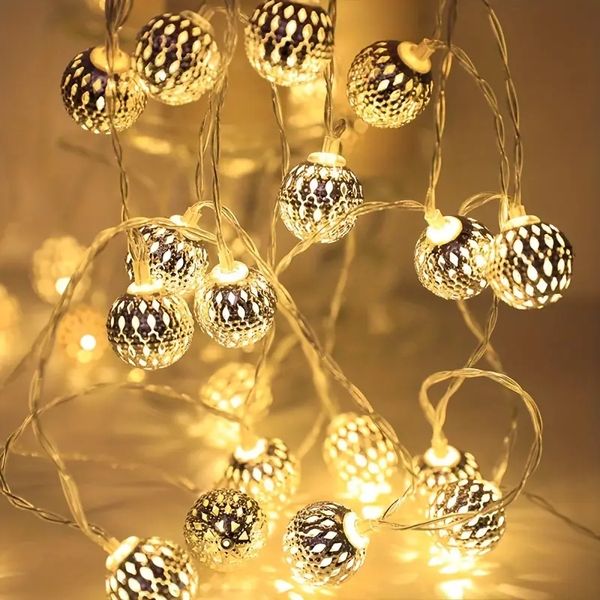 1 conjunto, luzes de corda de bola marroquina, esferas de metal, baterias alimentadas por bateria - NÃO INCLUÍDAS, para festa de casamento, aniversário, Natal, decoração de quarto de casa, acessório de férias