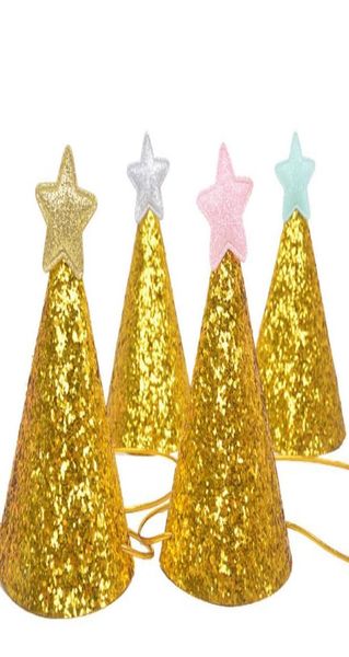 Ouro glitter brilhante topo chapéus adulto crianças mini cone chapéus festa de aniversário boné celebração do casamento festa decoração po prop pano de fundo 4575951