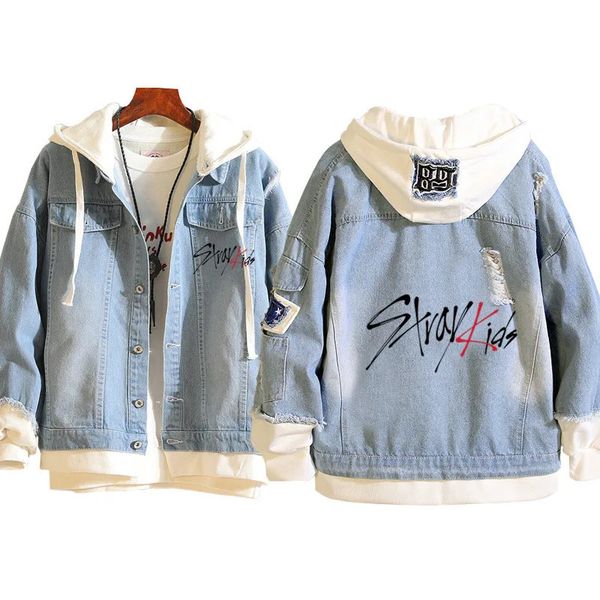 2023 Stray Kids Kpop Kostüme Jacken Männer Frauen Mode Y2k Denim Jacke Frühling Herbst Casual Mit Kapuze Outwear Mantel 240108