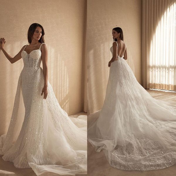 Elegante sereia vestidos de casamento vestido de noiva querida pescoço para mulher cinta de espaguete lantejoulas ajuste fino vestido de trem de varredura feito sob encomenda