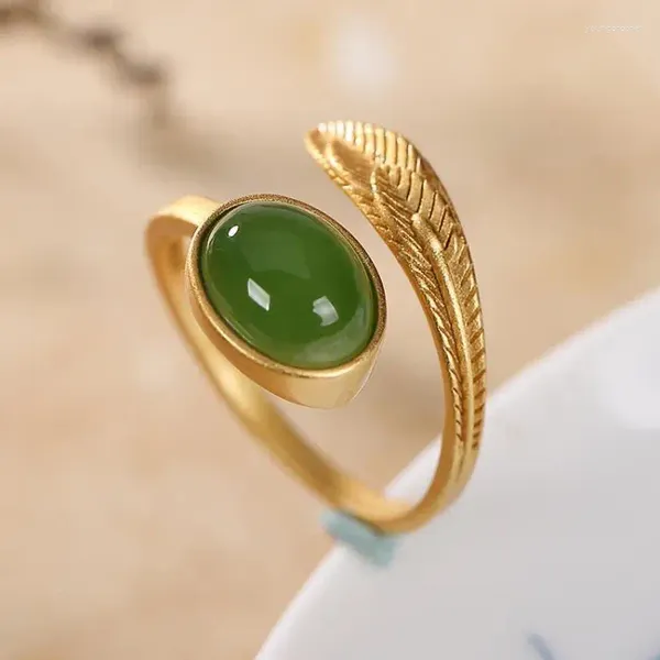 Кольца кластера из натурального нефрита Хэтянь с перьями, кольцо в китайском стиле, ретро, креативное, уникальное, древнее золото, ремесло, роскошные женские элегантные серебряные украшения