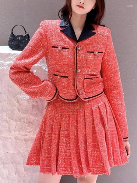 Giubbotti da donna Cappotto da donna Gonna Set Paillettes Tweed Monopetto corto o pieghettato A-line Jupe Suit per la donna Primavera 2024