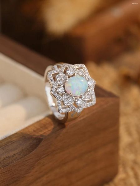 Anéis de cluster puro 925 prata anel de padrão personalizado com ovo de opala branca e zircão decorar criativo versátil moda feminina