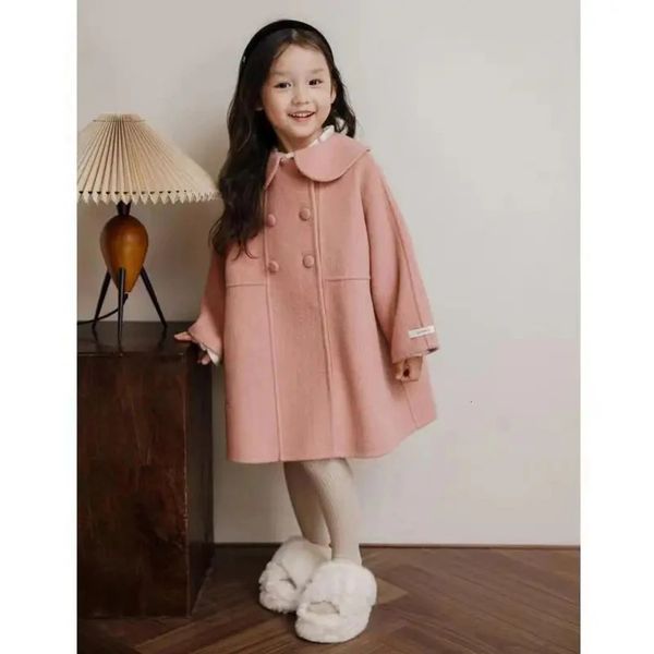 Розовые шерстяные платья для малышей, куртки для девочек, свободные наряды принцессы с отложным воротником, пальто для младенцев, 312 лет, 240108