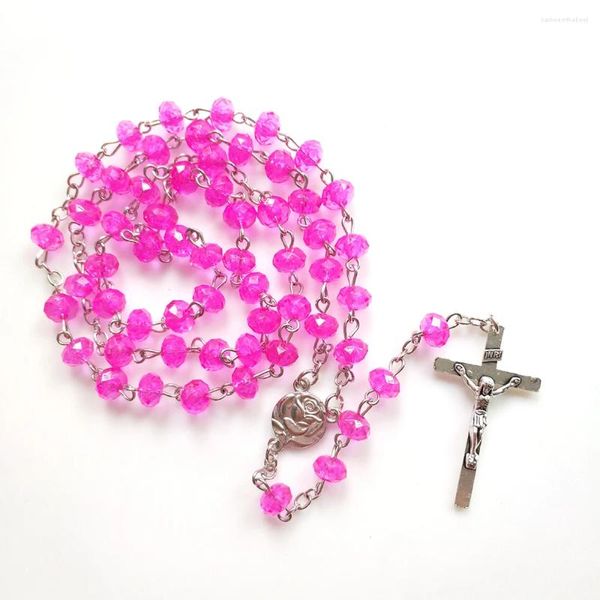 Colares Pingente CottvoReligioso Crucifixo Católico Cruz Rosa Rosa Oração Beads Cadeia Flor Medalha Rosário Colar Chalet Batismo Jóias