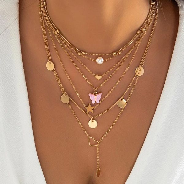 Anhänger Halsketten Rosa Schmetterling Herz Stern Mit Kragen Halskette Frauen 2024 Multi Layered Gold Farbe Metall Mädchen Geburtstag Schmuck