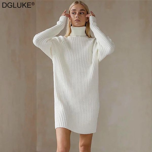 Dolcevita bianco Abiti in maglia Donna Inverno Autunno Abito maglione oversize Moda Mini abito manica lunga Maglieria casual 240109