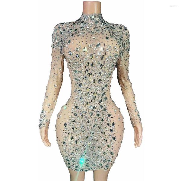 Sahne Giyim Çıplak Parlayan Kristal Rhinestones Uzun Kollu Kadınlar İçin Seksi Elbise Akşam Partisi Giyim Şarkıcı Kostümleri Doğum Günü