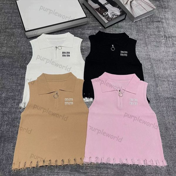 Sommer Gestrickte Weste Brief Stickerei Ärmellose Tops Frauen Revers Zip Up Tank Tops Straße Mädchen Tees