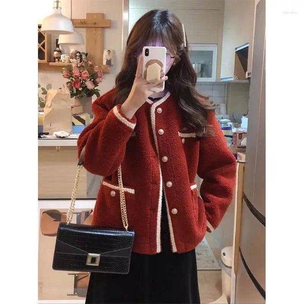 Kadın Ceketleri Moda Kırmızı Siyah Küçük Kokulu Palto Kadınlar için Kore Retro Uzun Kollu Tek Göğüslü Cepler Hırka Ceket Bayanlar
