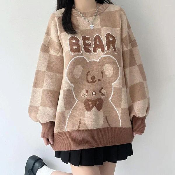 Suéteres femininos outono inverno urso jacquard em torno do pescoço solto retro bonito macio menina camisola feminina estudante coreano pulôveres de malha jaqueta