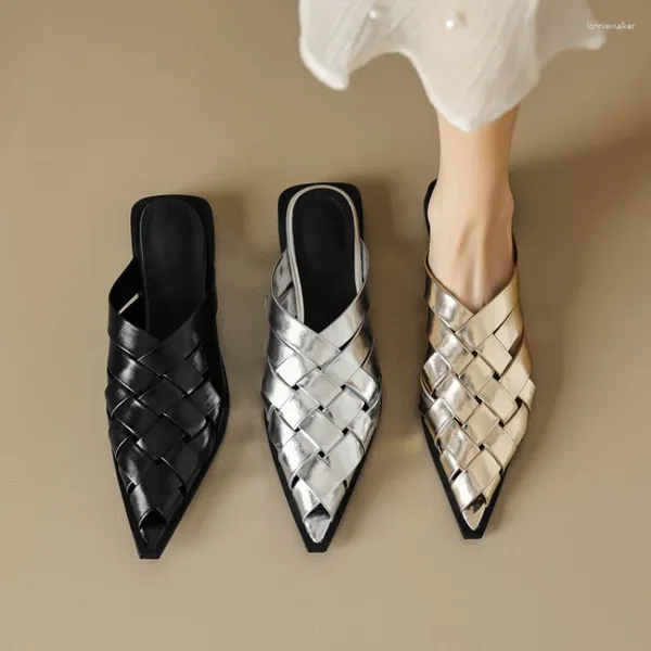 Sandalen Mode Spitzschuh Hausschuhe Frauen Slip On Mules Flats Kausal Outsides Slides Elegante Plissee Schuhe Marke Sandale Gold Silber