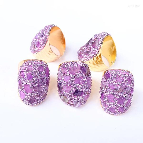 Cluster Anéis Natural Chips Pedra Reiki Cura Quartz Roxo Cristal Para Mulheres Cor Dourada Ajustável Yoga Micro Inlay