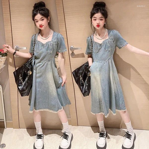 Vestidos de menina verão estilo francês algodão adolescentes meninas vestido jeans 2024 princesa roupas infantis da moda