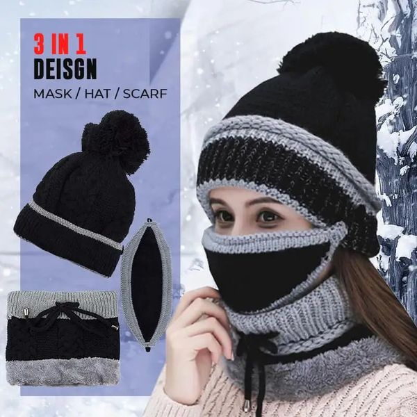 Chapéu de inverno feminino máscara balaclava chapéu para meninas cachecol grosso lã quente dentro de malha chapéu cachecol conjunto 3pcs chapéus de inverno 240109