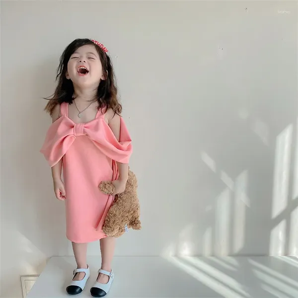 Abiti per ragazze Rosa carino lungo principessa Drese per vestiti per ragazze Abito estivo casual 2024 Grande fiocco breve senza maniche per bambini Kid Costum