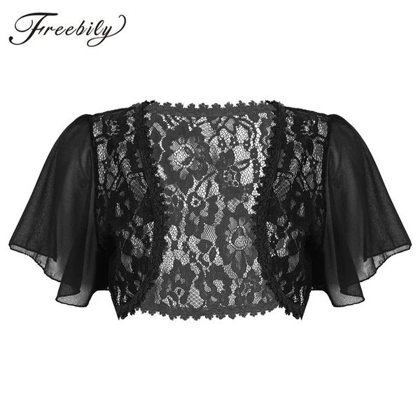 Jackets Sexy Bolero Mulheres Black Branco 2019 Lace elegante e elegante encolher de ombros de capa de sino curta de capa de capa cortada para a noite de casamento baile