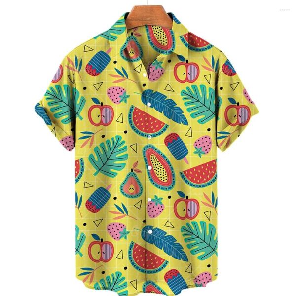 Camisas casuais masculinas oversized padrão de frutas tropicais flor havaiana 3d impresso camisa roupas designer praia férias vintage