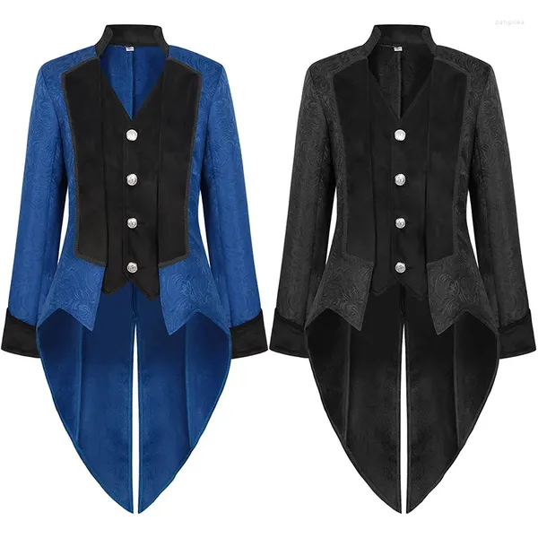 Trench da uomo Giacca medievale Steampunk Gotico Nero Blu Frac Cappotto da uomo Abito vittoriano Abbigliamento Costume di Halloween