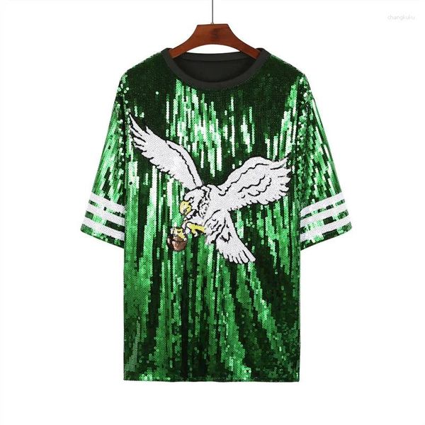 Damen T-Shirts Runway Sommer Cartoon Streetwear Gestreift Gerade Pailletten Kurzarm T-Shirt Rundhals Hip Hop Fashion Tops