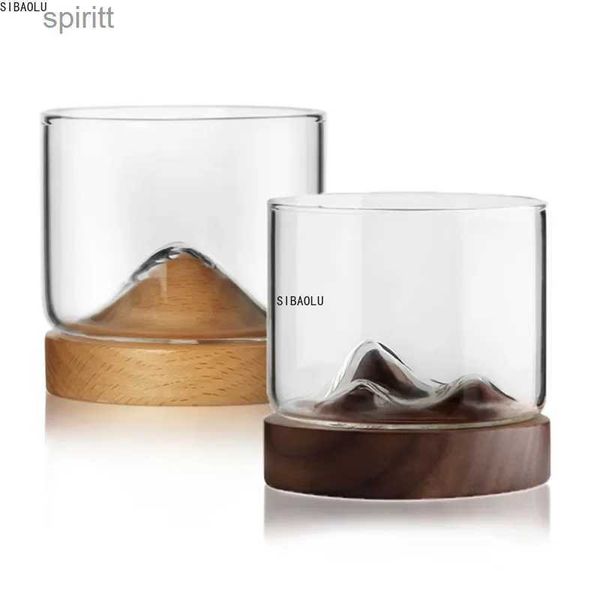 Weingläser Bergwhiskyglas mit Holzsockel Kreatives Bierglas Wein Wasser Teetasse Whiskygläser Set Bar Trinkgeschirr Zubehör YQ240105