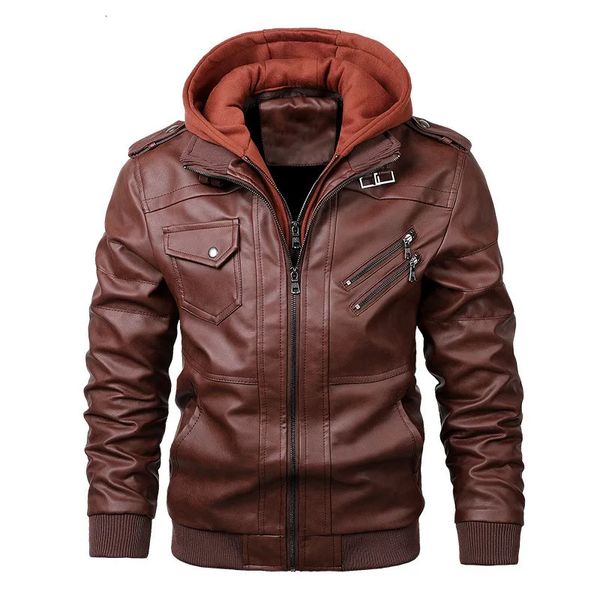 Lederjacken Für Männer Casual Rindsleder PU Leder Mit Kapuze Herbst Winter Mäntel Männlich Warme Vintage Motorrad Punk Mäntel 240108