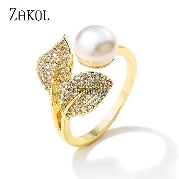 Anéis de Cluster Zakol Nova Moda Cubic Zirconia Anéis Abertos Imitação de Pérolas Anel Redimensionável para Mulheres Luxo Jóias de Casamento RP2254 YQ240109