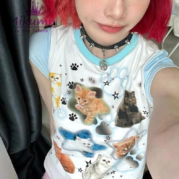 Shirts Haruku T-shirt Ästhetische Nette Katze Drucken T Shirts Y2k Top Japan Kawaii Mädchen Kurzarm T Sommer Frauen Crop tops Streetwear