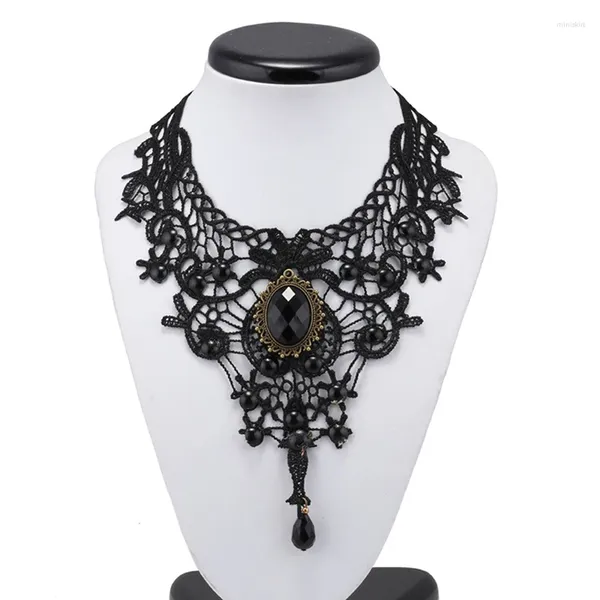 Ожерелья с подвесками, женское черное кружевное колье с бусинами, викторианское ожерелье с драгоценными камнями, сексуальное готическое ожерелье с воротником, хороший подарок для