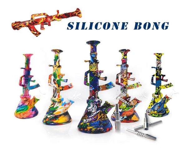 Bong in silicone AK47 Forma Bong Accessori per fumatori con chiodo in acciaio inossidabile Rimovibile Narghilè colorato Dab Rigs Tubo dell'acqua6495352