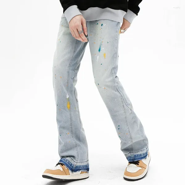 Jeans da uomo 2024 Primavera Azzurro per uomo Pantaloni in denim dal taglio dritto anca dipinti a mano