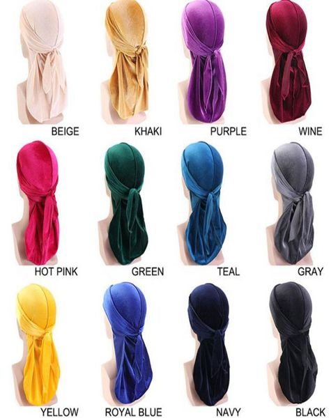 Unissex Veludo Durags Bandana Turbante Chapéu Adulto Caps Perucas Durag Biker Headwear Headband Long Tail Hat Acessórios para Cabelo Chapéu de Festa KKA1121294