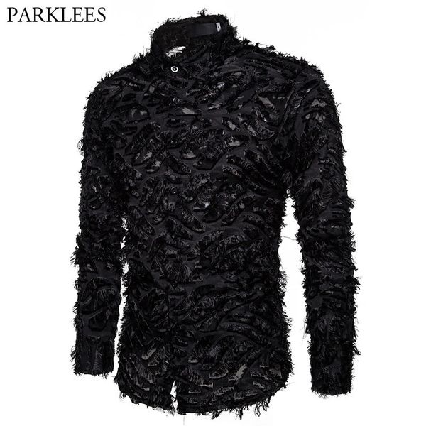 Sexy Black Feather Lace Camisa Homens Moda Ver Através Clubwear Vestido Camisas Mens Event Party Prom Transparente Chemise S-3XL 240109