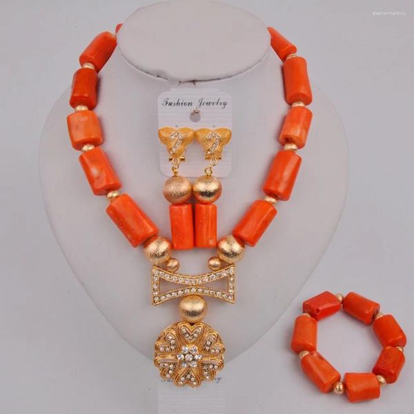 Collana di orecchini set ultimi perline di corallo arancione gioielli africani da sposa nigeriani 12-A1-4