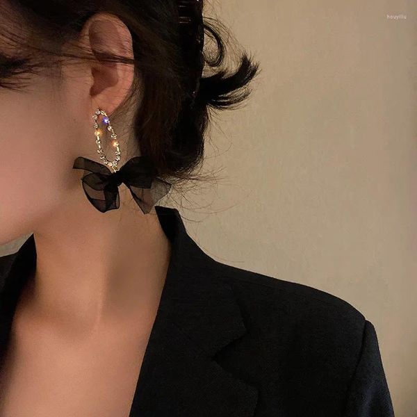 Orecchini pendenti vintage coreani brillanti strass bowknot catena color oro pizzo nero croce annodata goccia per gioielli da donna