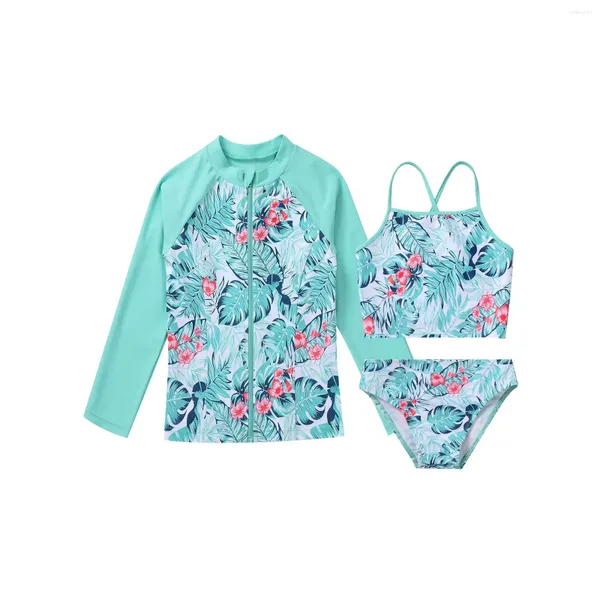 Stage Wear Enfants Filles Maillot de bain 3pcs sans manches Soutien-gorge Tops Slips manches longues Veste à glissière Manteau Set Beach Maillots de bain Surf Maillots de bain